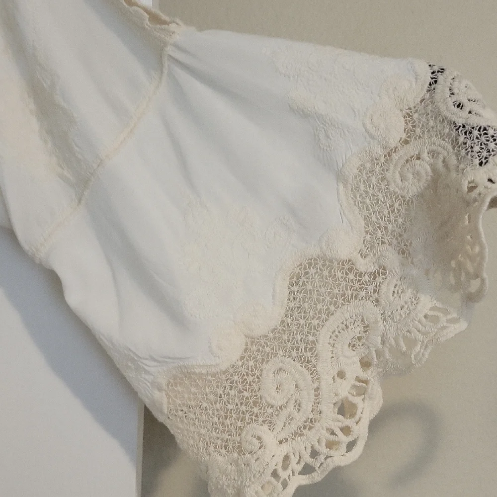 Democracy Cream Lace Trim Boho Blouse Size L Crochet Detail - Picture 4 of 12